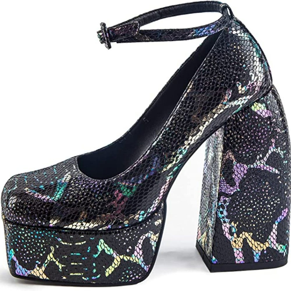 Dusvoik Women’s Snake Print Platform Square Toe High Heel Pumps Ladies Ankle Str